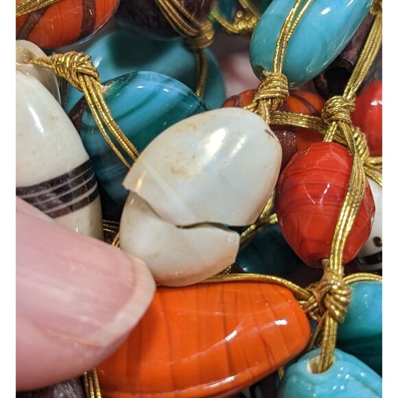Bohemian Multilayer Blue And Orange Glass And Wood Beaded Necklace - Picture 8 of 10